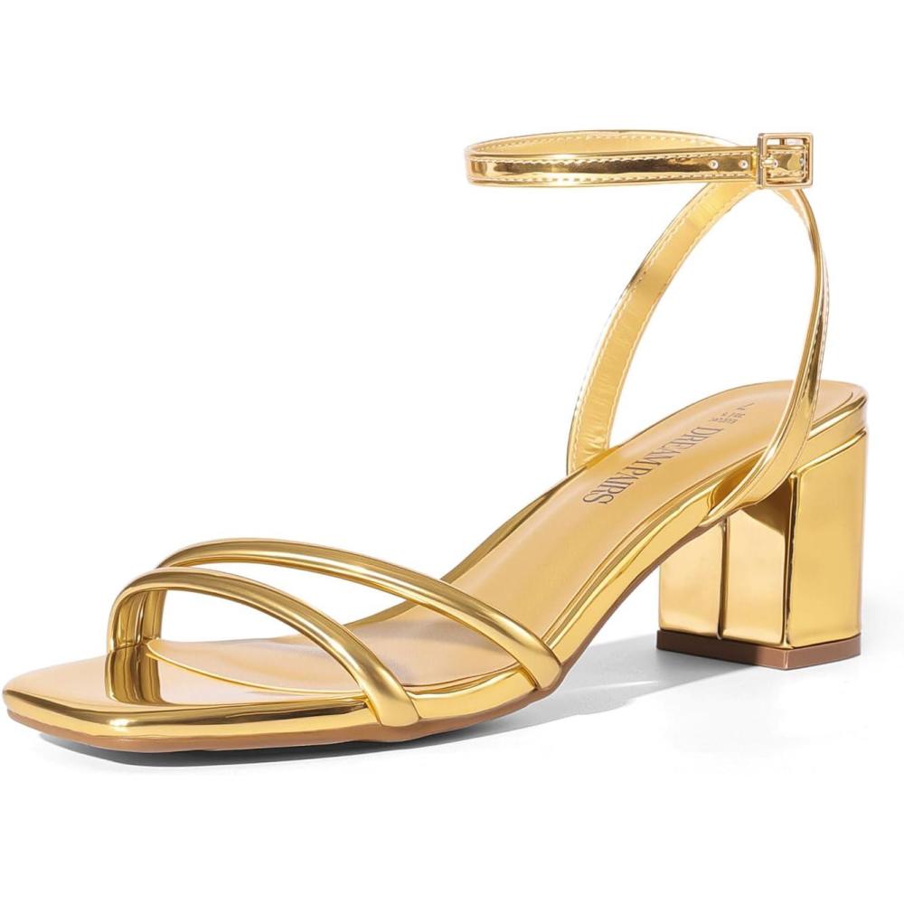 imageDREAM PAIRS Womens Chunky Strappy Heels Square Open Toe Ankle Buckle Low Heels Sandals for Daily Wedding Party DressGold