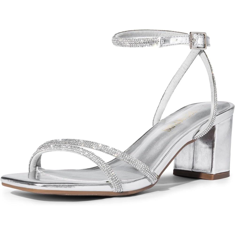 imageDREAM PAIRS Womens Chunky Strappy Heels Square Open Toe Ankle Buckle Low Heels Sandals for Daily Wedding Party DressSilverrhinestone