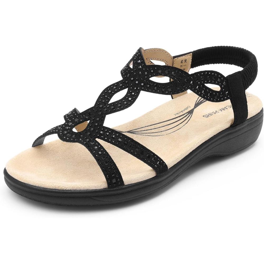 imageDREAM PAIRS Womens Comfort Dressy Rhinestone Summer Beach Sandals Slipon Flat Walking Orthopedic Sandals with Elastica Back StrapBlack