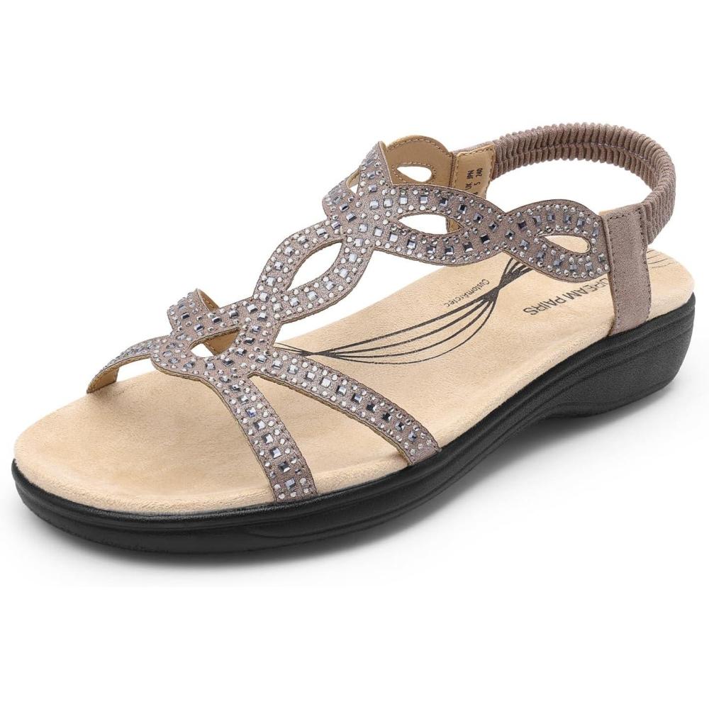 imageDREAM PAIRS Womens Comfort Dressy Rhinestone Summer Beach Sandals Slipon Flat Walking Orthopedic Sandals with Elastica Back StrapGrey