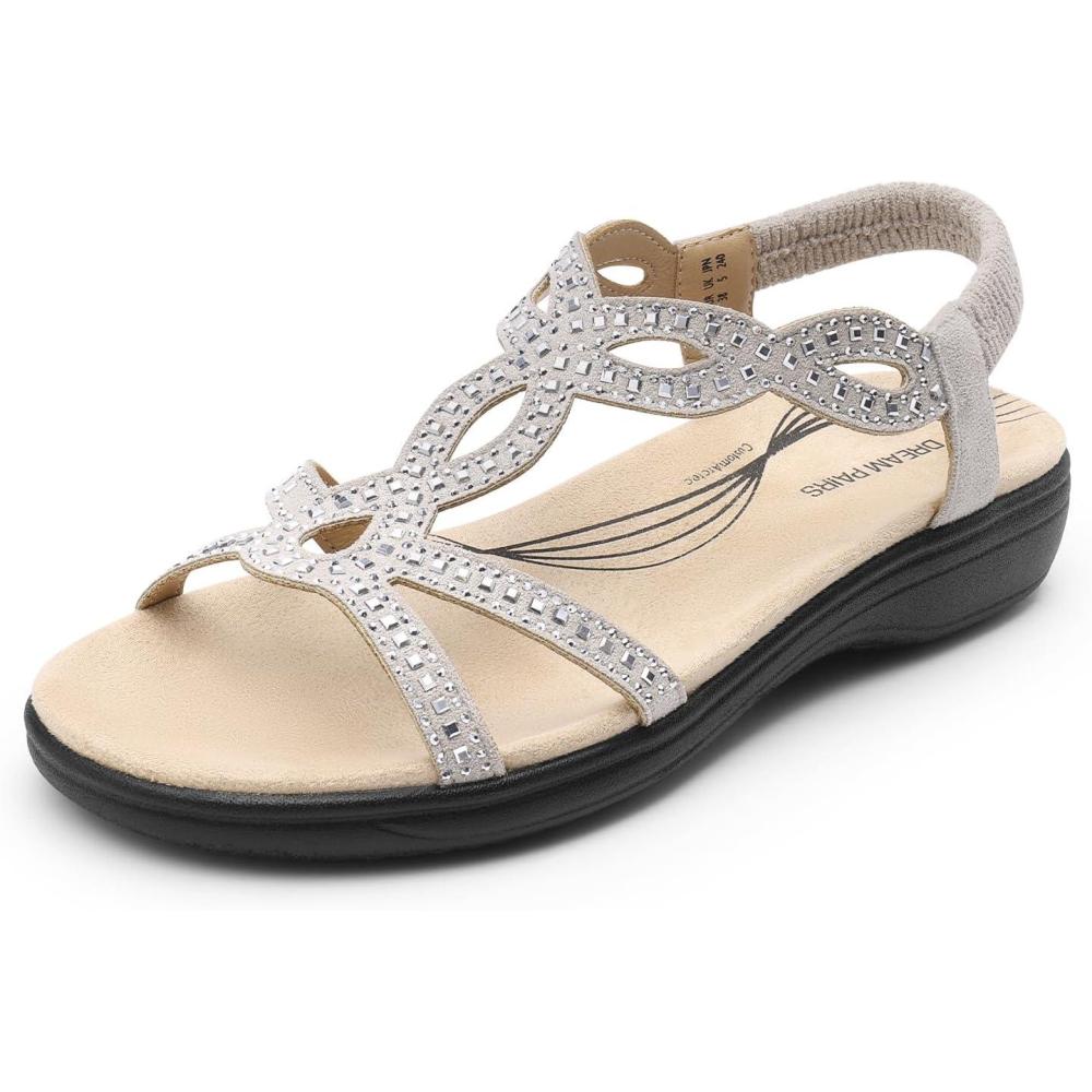 imageDREAM PAIRS Womens Comfort Dressy Rhinestone Summer Beach Sandals Slipon Flat Walking Orthopedic Sandals with Elastica Back StrapSilver