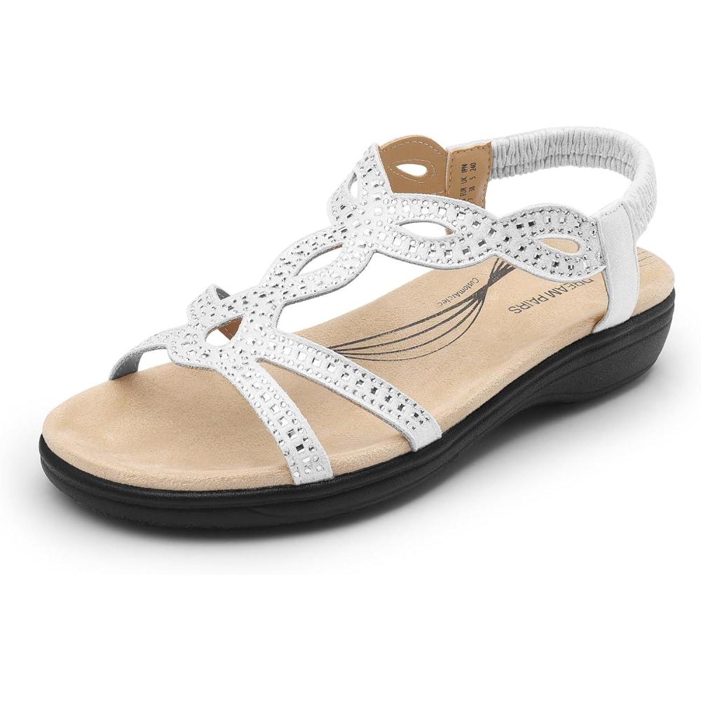 imageDREAM PAIRS Womens Comfort Dressy Rhinestone Summer Beach Sandals Slipon Flat Walking Orthopedic Sandals with Elastica Back StrapWhite