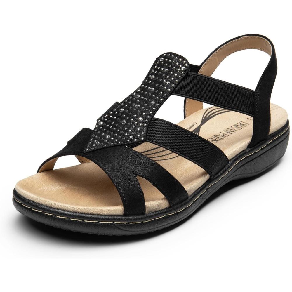 imageDREAM PAIRS Womens Comfortable Arch Support Dressy Flat Sandals Elastic Open Toe Walking Shoes for SummerBlack