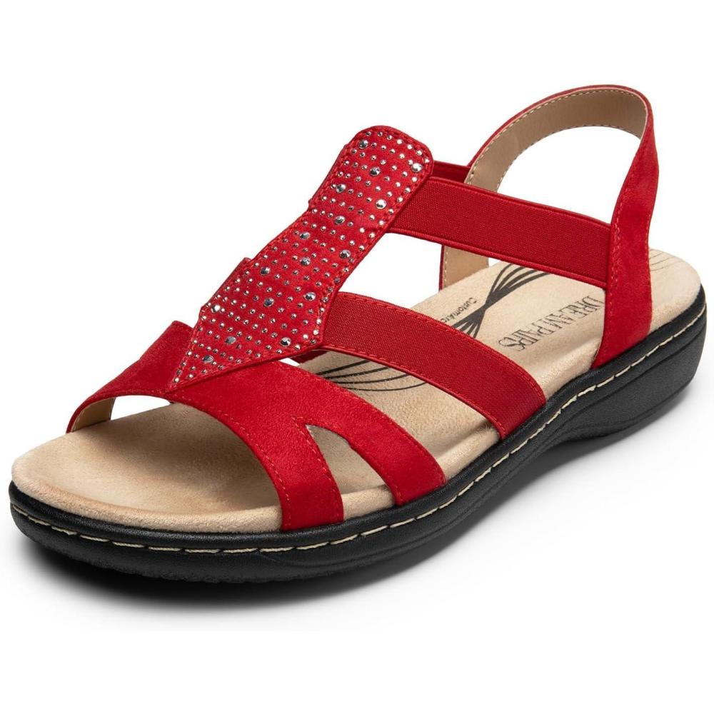 imageDREAM PAIRS Womens Comfortable Arch Support Dressy Flat Sandals Elastic Open Toe Walking Shoes for SummerRed