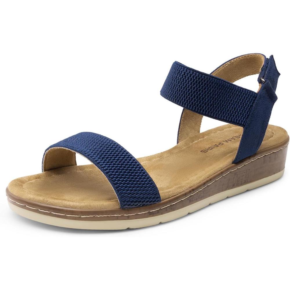 imageDREAM PAIRS Womens Comfortable Dressy Cork Low Wedge Heels Cute Summer One Band Casual Flat Sandals with Adjustable Ankle StrapNavy