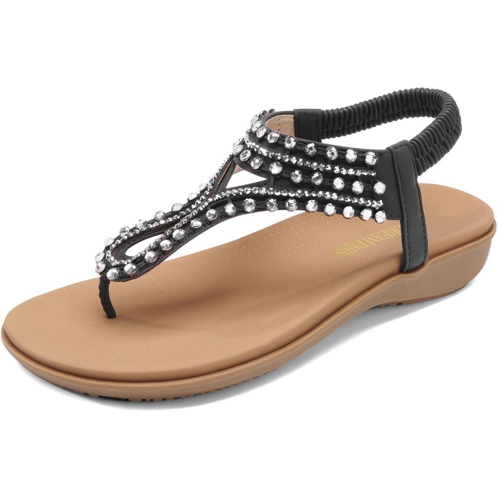 imageDREAM PAIRS Womens Comfortable Dressy Flat Sandals Rhinestone Elastic TStrap Thong Sandals for Summer BeachBlackBrownnubuck