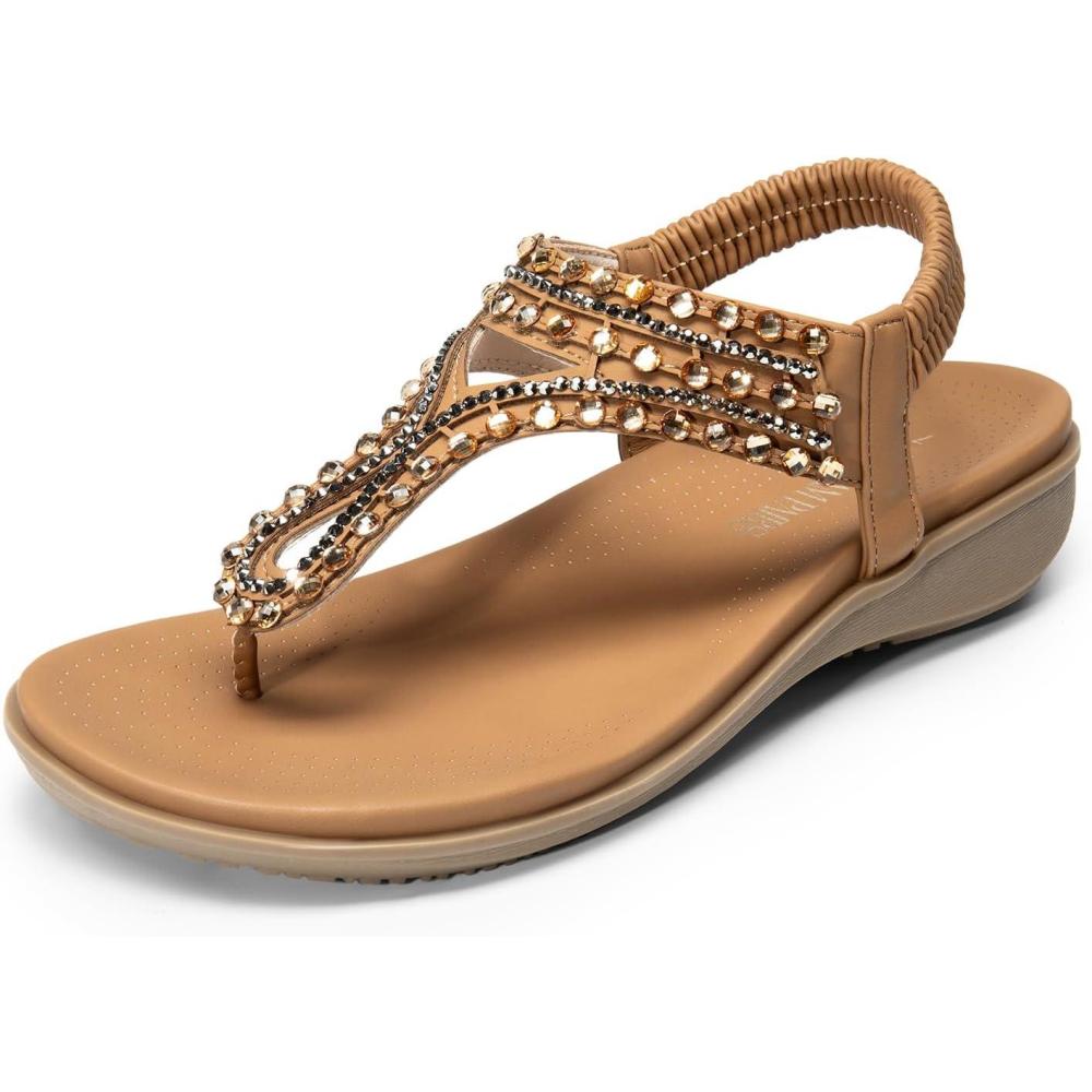 imageDREAM PAIRS Womens Comfortable Dressy Flat Sandals Rhinestone Elastic TStrap Thong Sandals for Summer BeachBrown