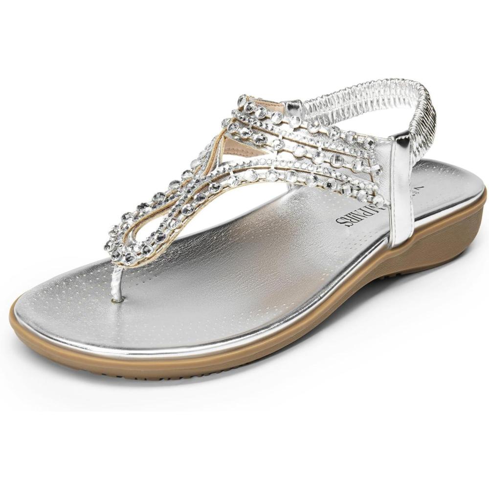 imageDREAM PAIRS Womens Comfortable Dressy Flat Sandals Rhinestone Elastic TStrap Thong Sandals for Summer BeachSilver