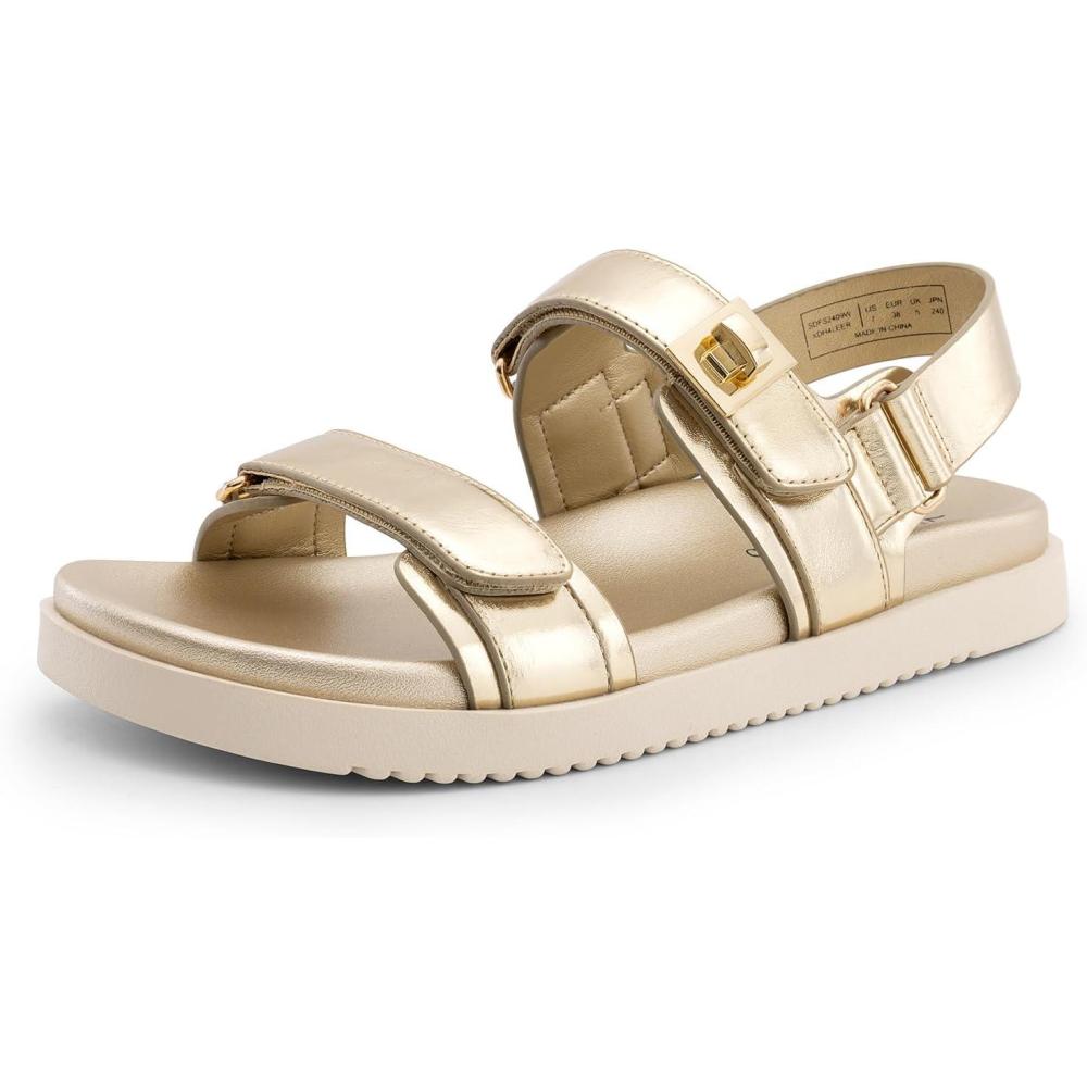 imageDREAM PAIRS Womens Comfortable Open Toe Flat Sandals Fashion One Band Summer Dessy SandalsGoldmetallic