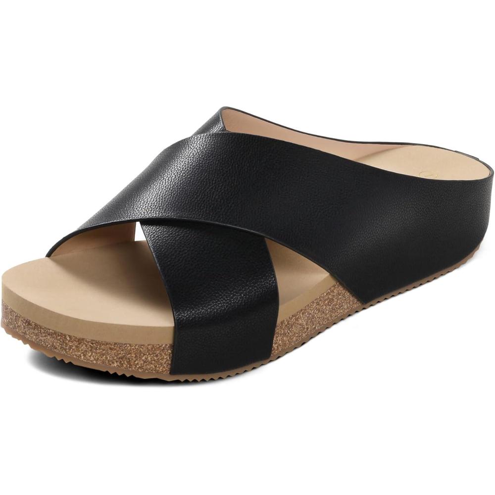 imageDREAM PAIRS Womens Cork Slide Sandals Slip on Open Toe Cute Platform Criss Cross Flat Sandals for SummerBlackPu