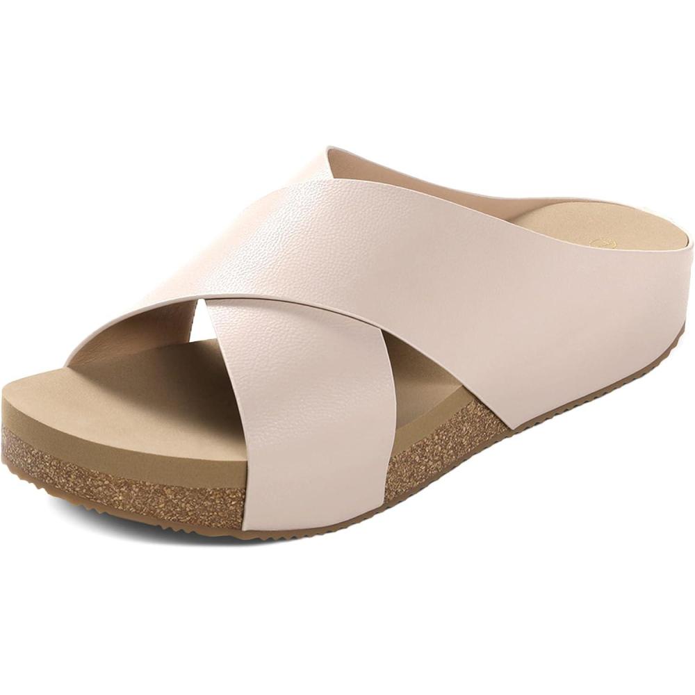 imageDREAM PAIRS Womens Cork Slide Sandals Slip on Open Toe Cute Platform Criss Cross Flat Sandals for SummerPinkPu