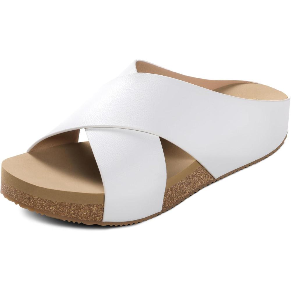 imageDREAM PAIRS Womens Cork Slide Sandals Slip on Open Toe Cute Platform Criss Cross Flat Sandals for SummerWhitePu