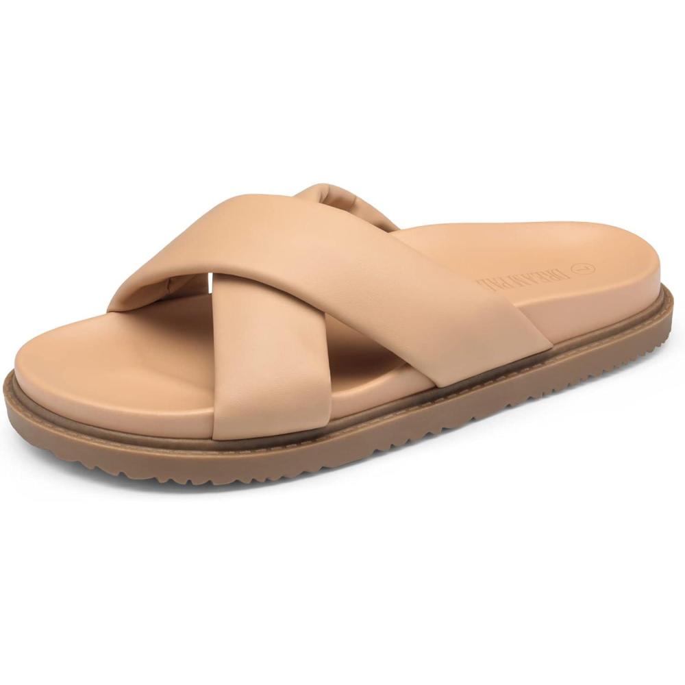 imageDREAM PAIRS Womens Crisscross Open Toe Slide Sandals Flat Comfort Slip on SandalsNude