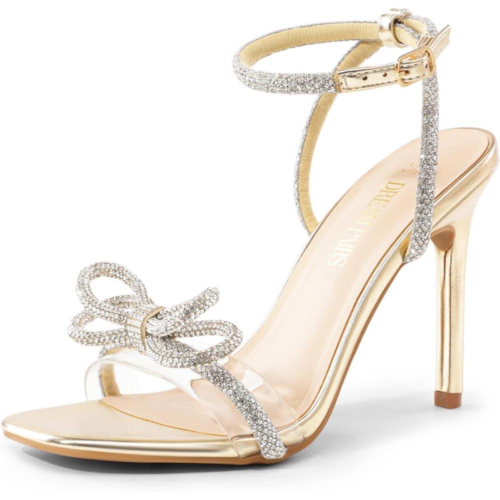 imageDREAM PAIRS Womens Double Bowknots Crystal Sandals Clear Slingback Heels Square Toe Shoes for Party WeddingGoldpu