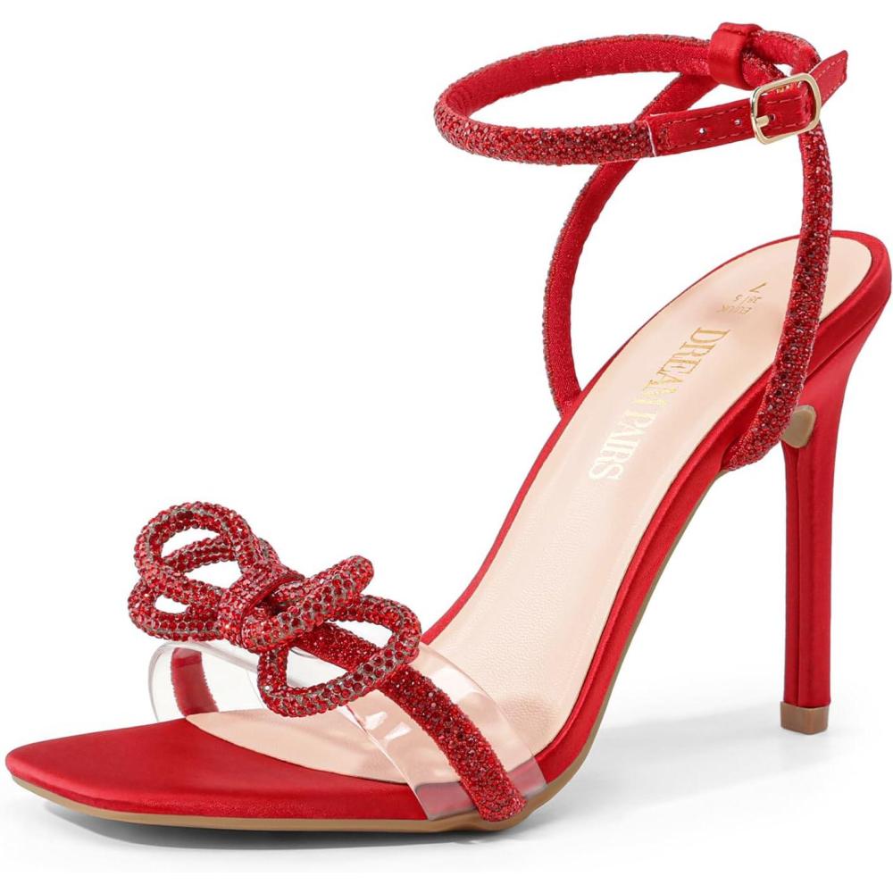 imageDREAM PAIRS Womens Double Bowknots Crystal Sandals Clear Slingback Heels Square Toe Shoes for Party WeddingRedsatin