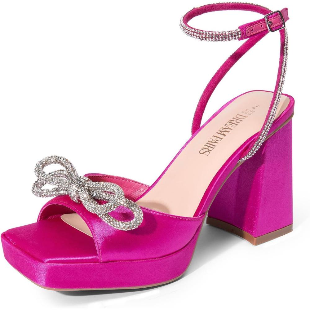 imageDREAM PAIRS Womens Double Bowknots Platform Chunky Heels Rhinestone High Square Toe Dress Sandals for Wedding Bridal PartyHot Pinksatin