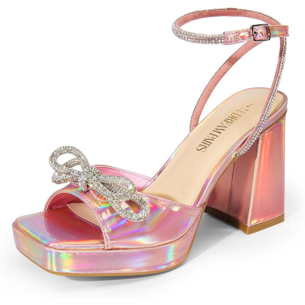 imageDREAM PAIRS Womens Double Bowknots Platform Chunky Heels Rhinestone High Square Toe Dress Sandals for Wedding Bridal PartyPinkpu