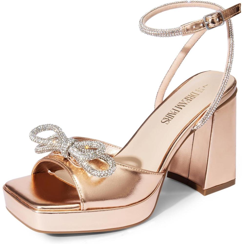 imageDREAM PAIRS Womens Double Bowknots Platform Chunky Heels Rhinestone High Square Toe Dress Sandals for Wedding Bridal PartyRose Goldpu