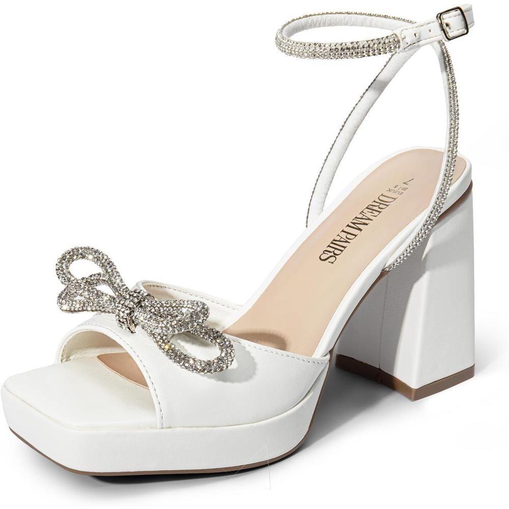 imageDREAM PAIRS Womens Double Bowknots Platform Chunky Heels Rhinestone High Square Toe Dress Sandals for Wedding Bridal PartyWhitepu