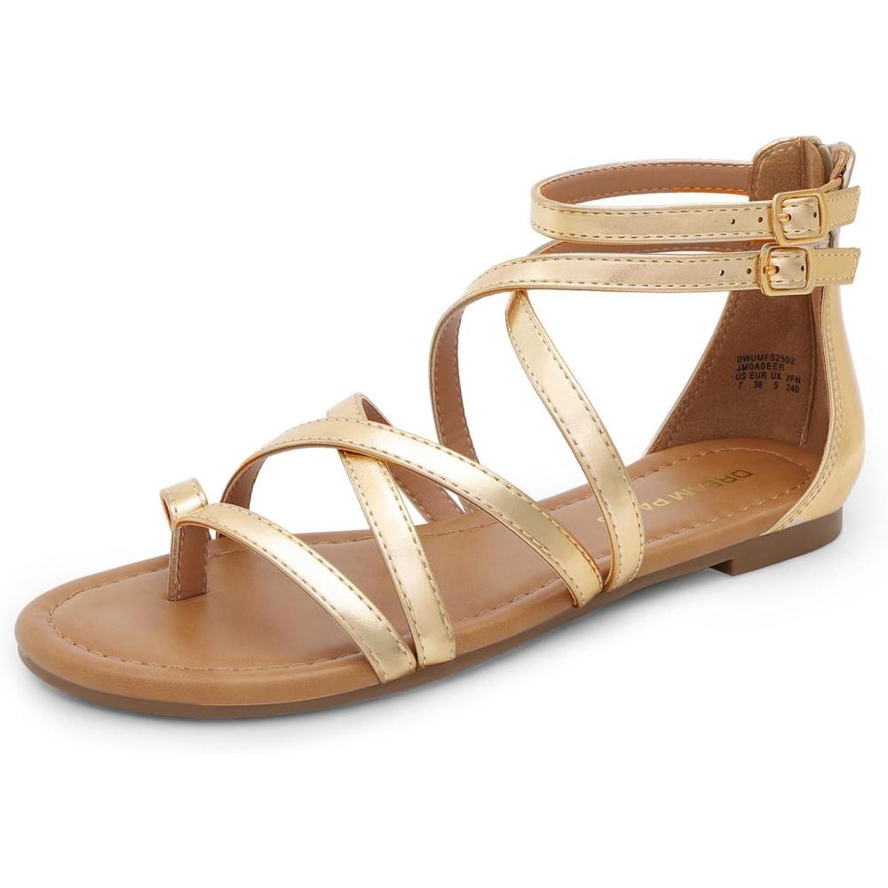 imageDREAM PAIRS Womens Dressy Gladiator Summer Cross Strappy Sandals Comfort Flat Casual Beach Fisherman Thong sandalsGold
