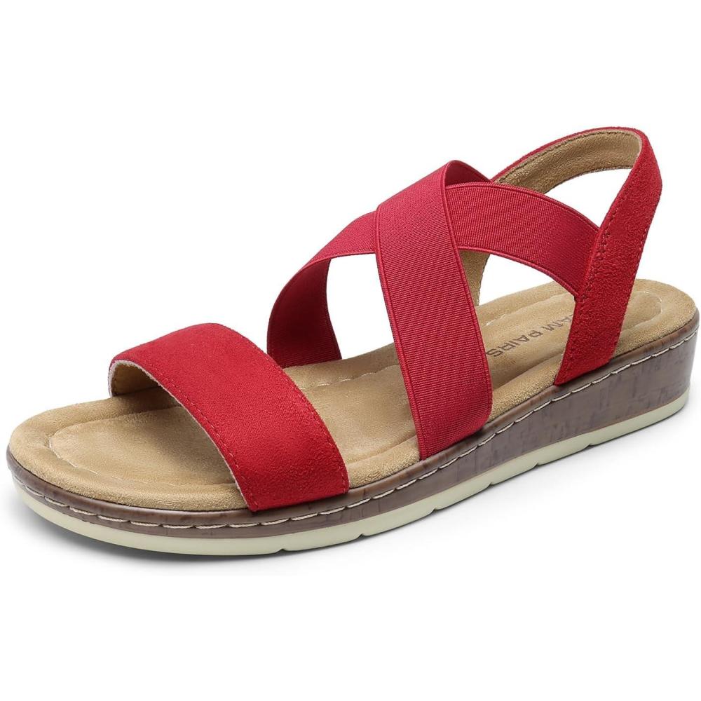 imageDREAM PAIRS Womens Dressy Slip on Elastic Ankle Strap Summer Wedge Heels Low Wedge Cork Beach Sandals for Women Casual VacationRed