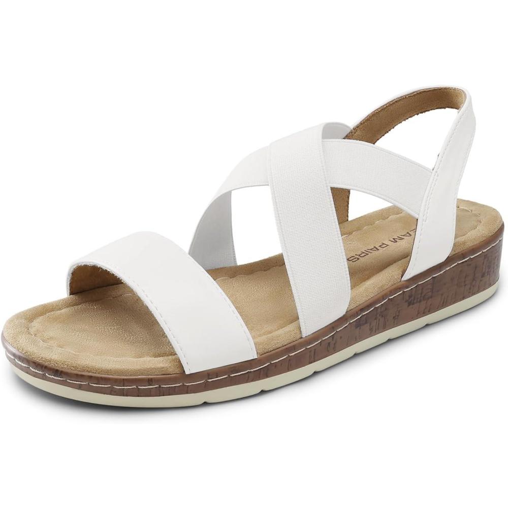 imageDREAM PAIRS Womens Dressy Slip on Elastic Ankle Strap Summer Wedge Heels Low Wedge Cork Beach Sandals for Women Casual VacationWhite