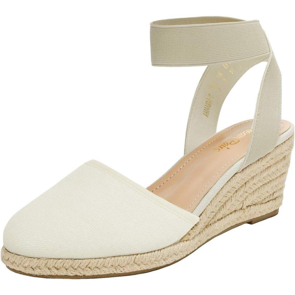 imageDREAM PAIRS Womens Elastic Ankle Strap Espadrilles Wedge SandalsBeigeWhite