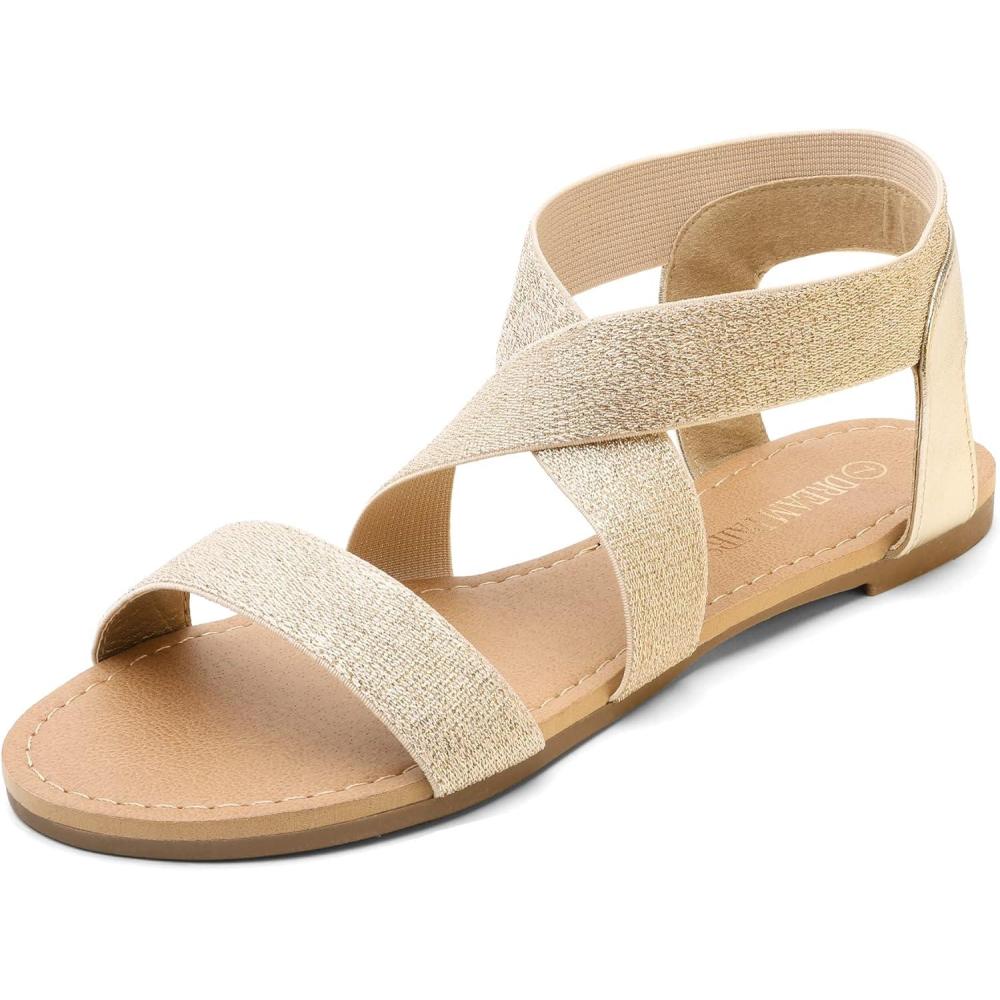 imageDREAM PAIRS Womens Elastic Ankle Strap Flat Sandals Summer Dressy Shoes Cute Strappy Gladiator SandalsGoldPu