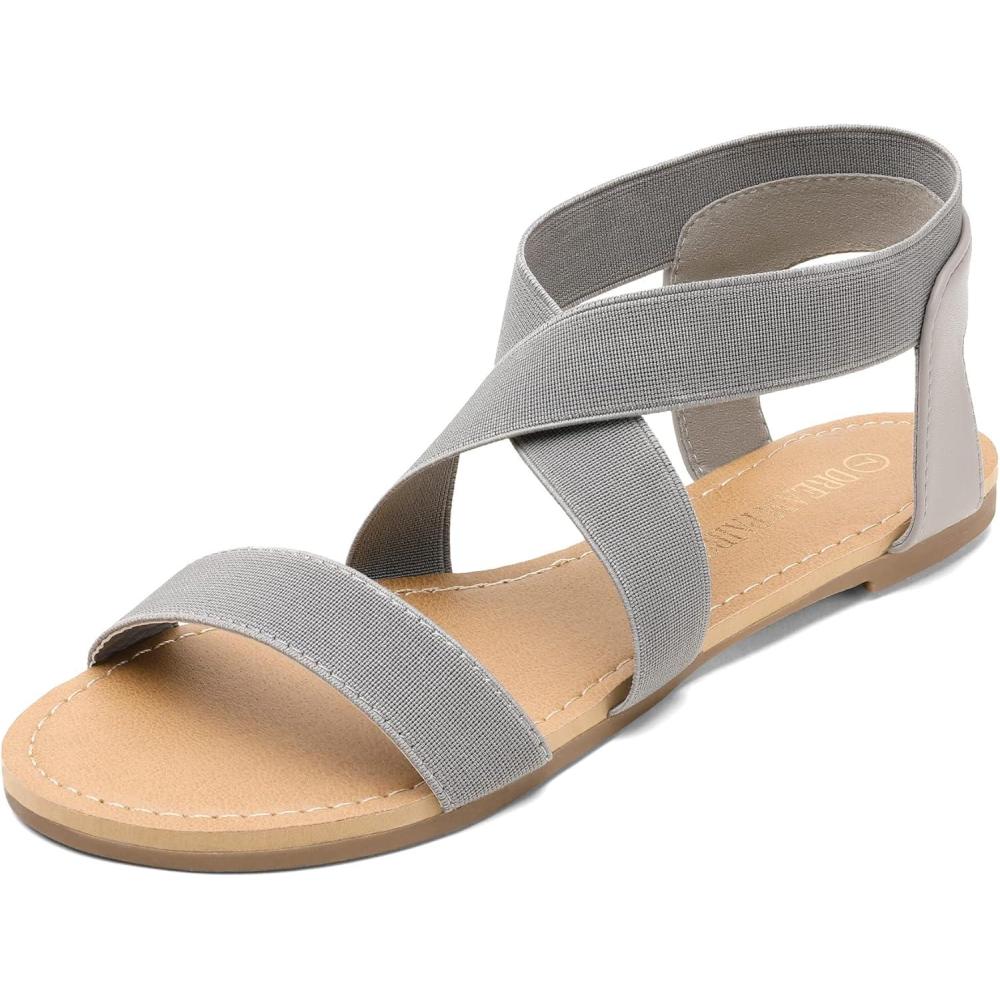 imageDREAM PAIRS Womens Elastic Ankle Strap Flat Sandals Summer Dressy Shoes Cute Strappy Gladiator SandalsGrey