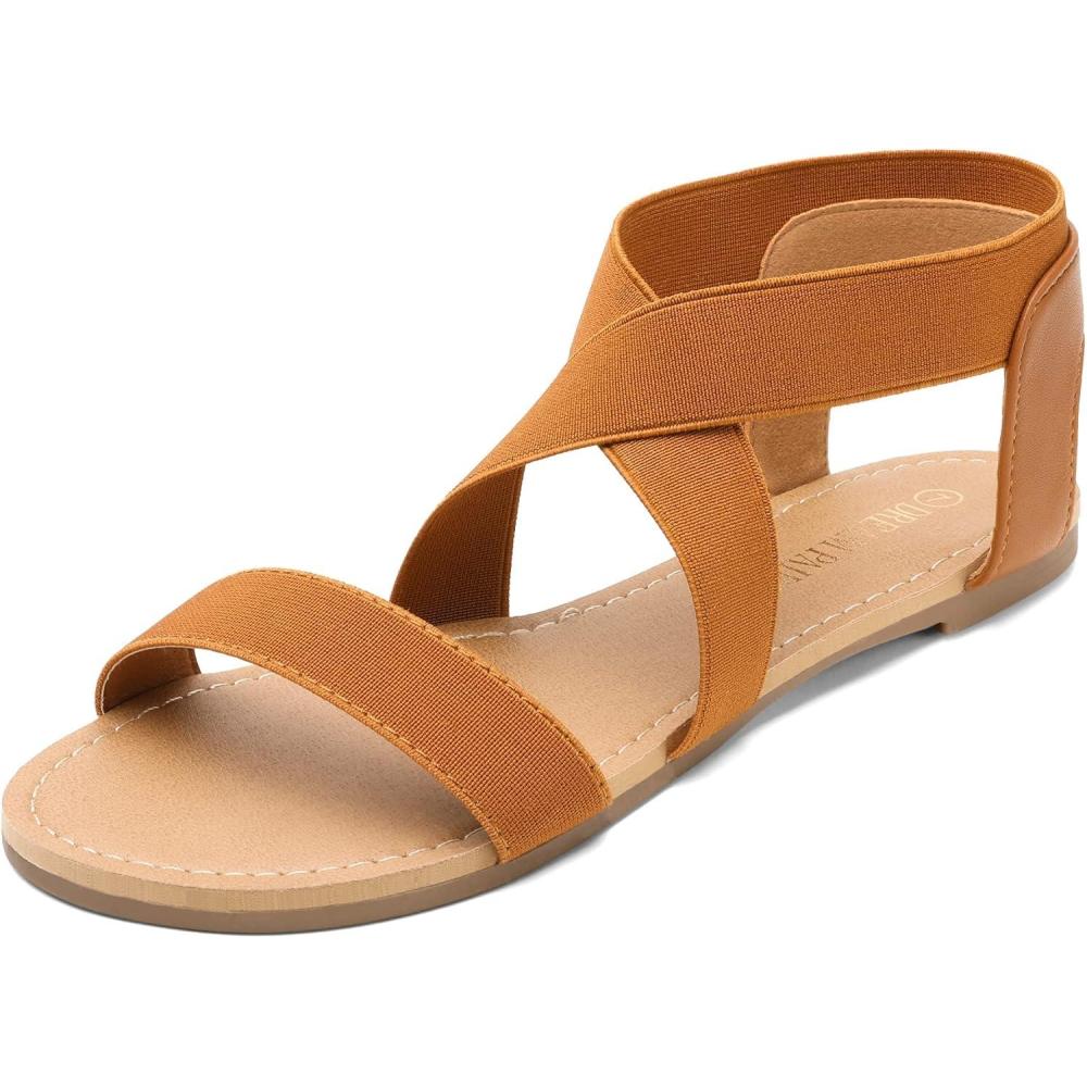 imageDREAM PAIRS Womens Elastic Ankle Strap Flat Sandals Summer Dressy Shoes Cute Strappy Gladiator SandalsTan