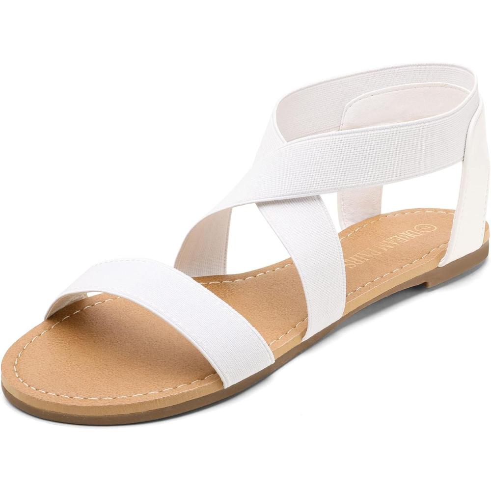 imageDREAM PAIRS Womens Elastic Ankle Strap Flat Sandals Summer Dressy Shoes Cute Strappy Gladiator SandalsWhite