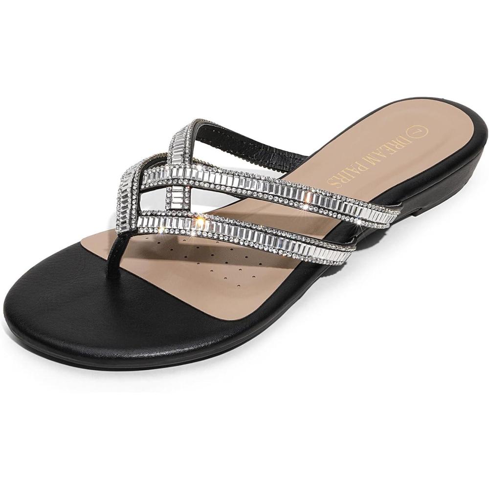 imageDREAM PAIRS Womens Fashion Rhinestones Design Slides Sandals Dress Daily Flat Sandals for SummerBlack