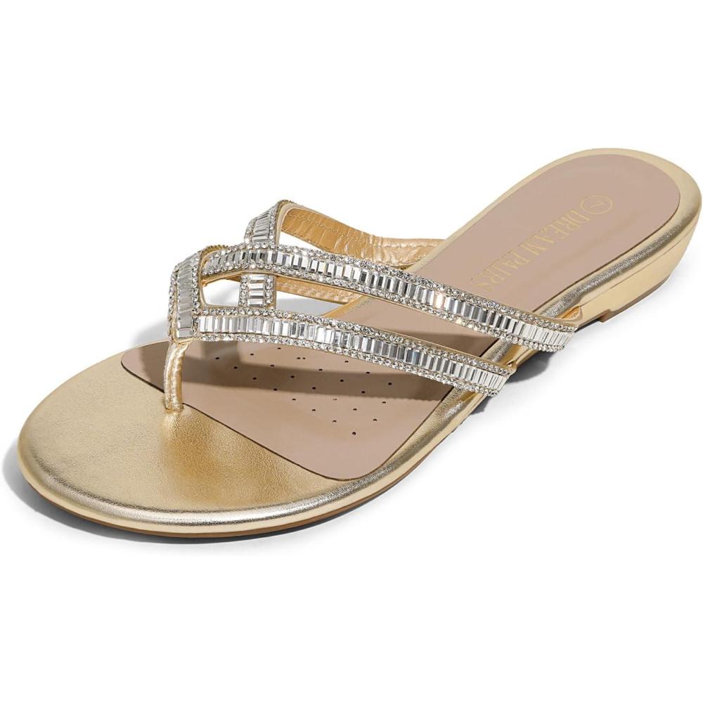 imageDREAM PAIRS Womens Fashion Rhinestones Design Slides Sandals Dress Daily Flat Sandals for SummerGold