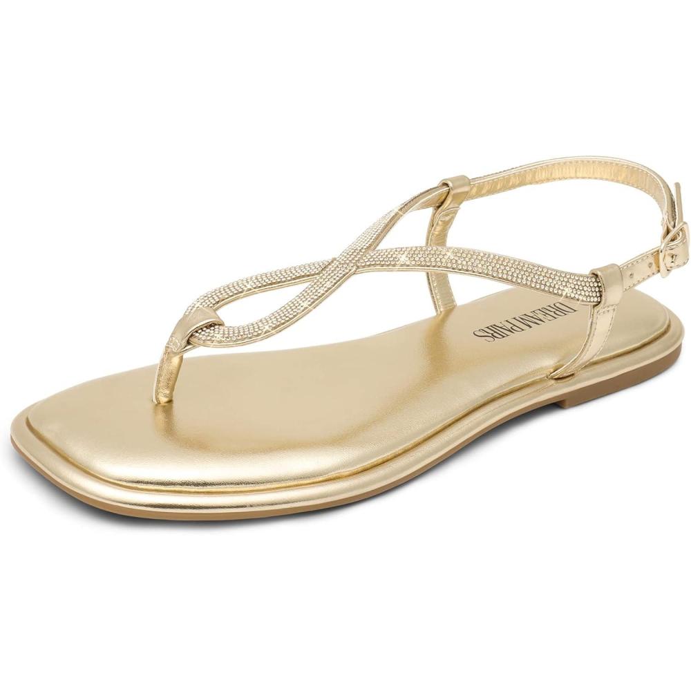 imageDREAM PAIRS Womens Flat Sandals Dressy Rhinestone Thong Ankle Strap Summer Gladiator SandalsGold