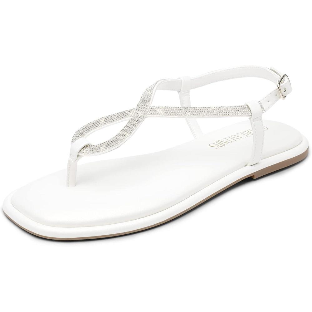 imageDREAM PAIRS Womens Flat Sandals Dressy Rhinestone Thong Ankle Strap Summer Gladiator SandalsWhite