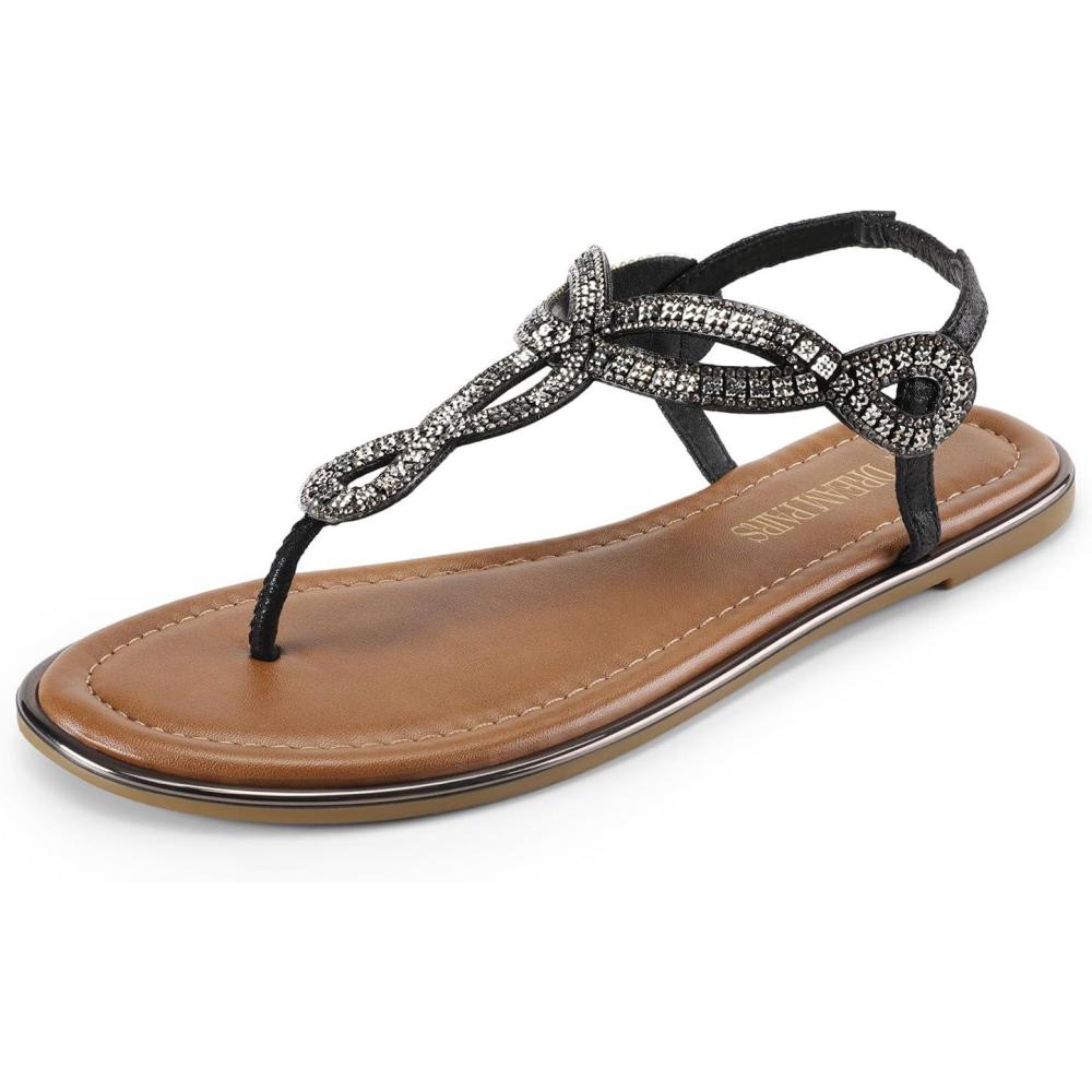 imageDREAM PAIRS Womens Flat Sandals Dressy Summer Stappy Comfortable Ankle Elastic TStrap Beach Thong SandalsBlackrhinestone