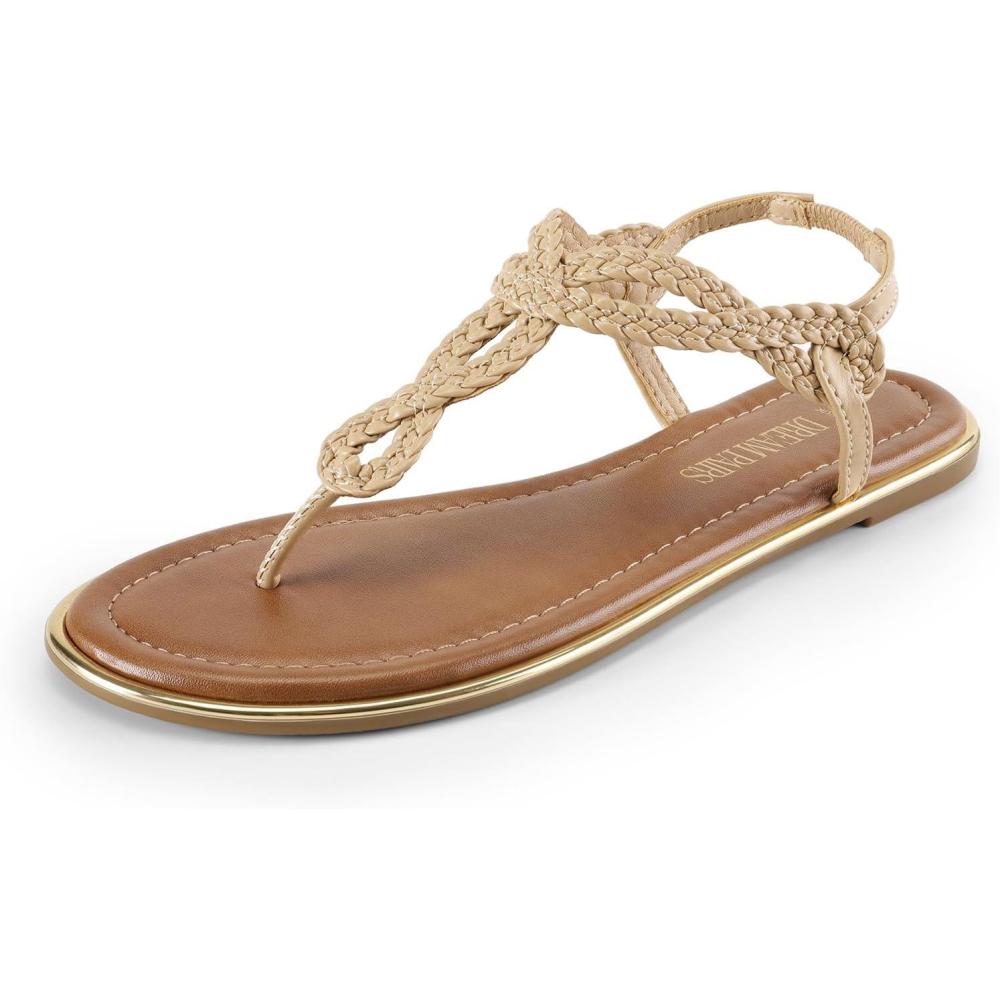 imageDREAM PAIRS Womens Flat Sandals Dressy Summer Stappy Comfortable Ankle Elastic TStrap Beach Thong SandalsNude