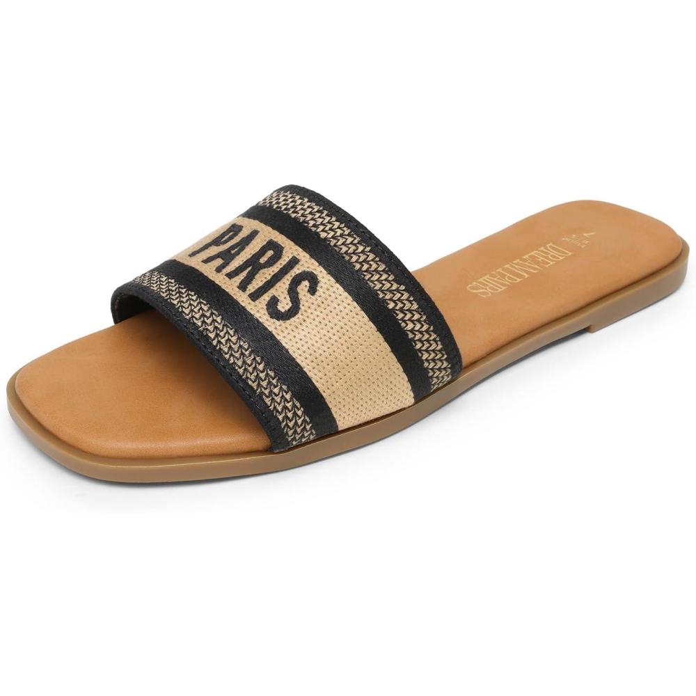 imageDREAM PAIRS Womens Flat Sandals Slip On Slides Sandals Square Open Toe Jacquard Braided Fashion Slides Casual Beach Slippers for SummerBlack