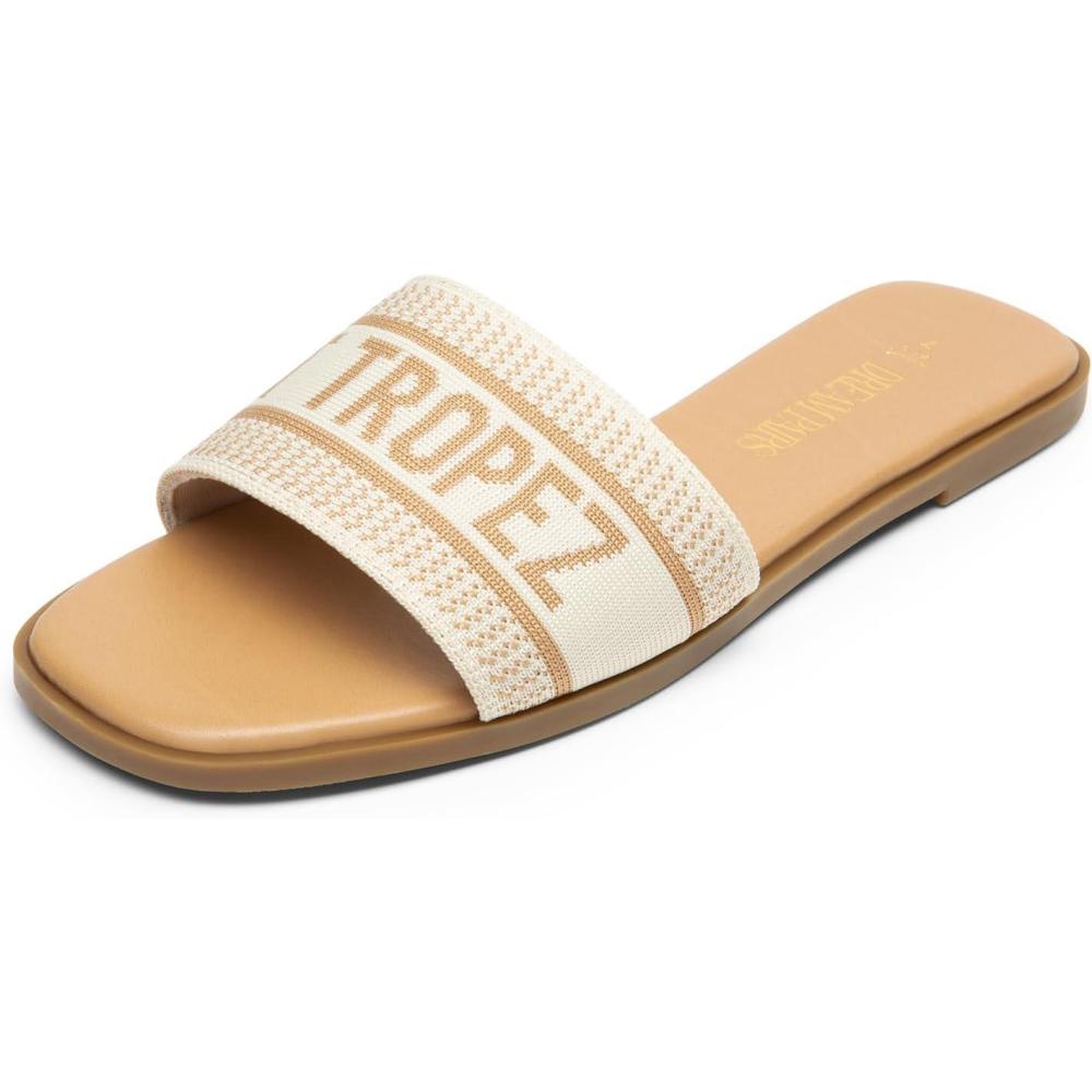 imageDREAM PAIRS Womens Flat Sandals Slip On Slides Sandals Square Open Toe Jacquard Braided Fashion Slides Casual Beach Slippers for SummerNudeknit