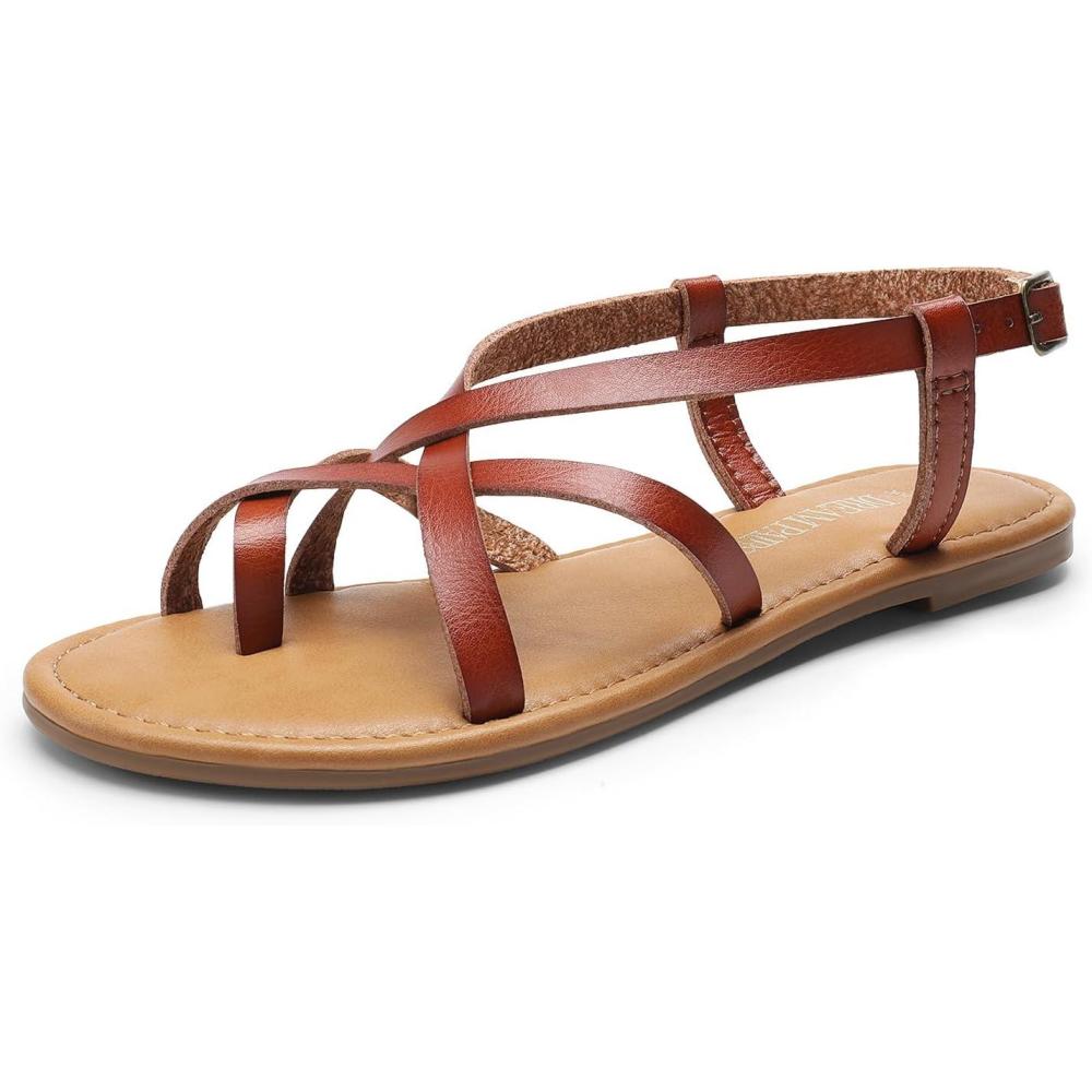 imageDREAM PAIRS Womens Flat Sandals Strappy Dressy Comfortable Ankle Strap Casual Summer Thong Sandals for BeachDark Brownpu