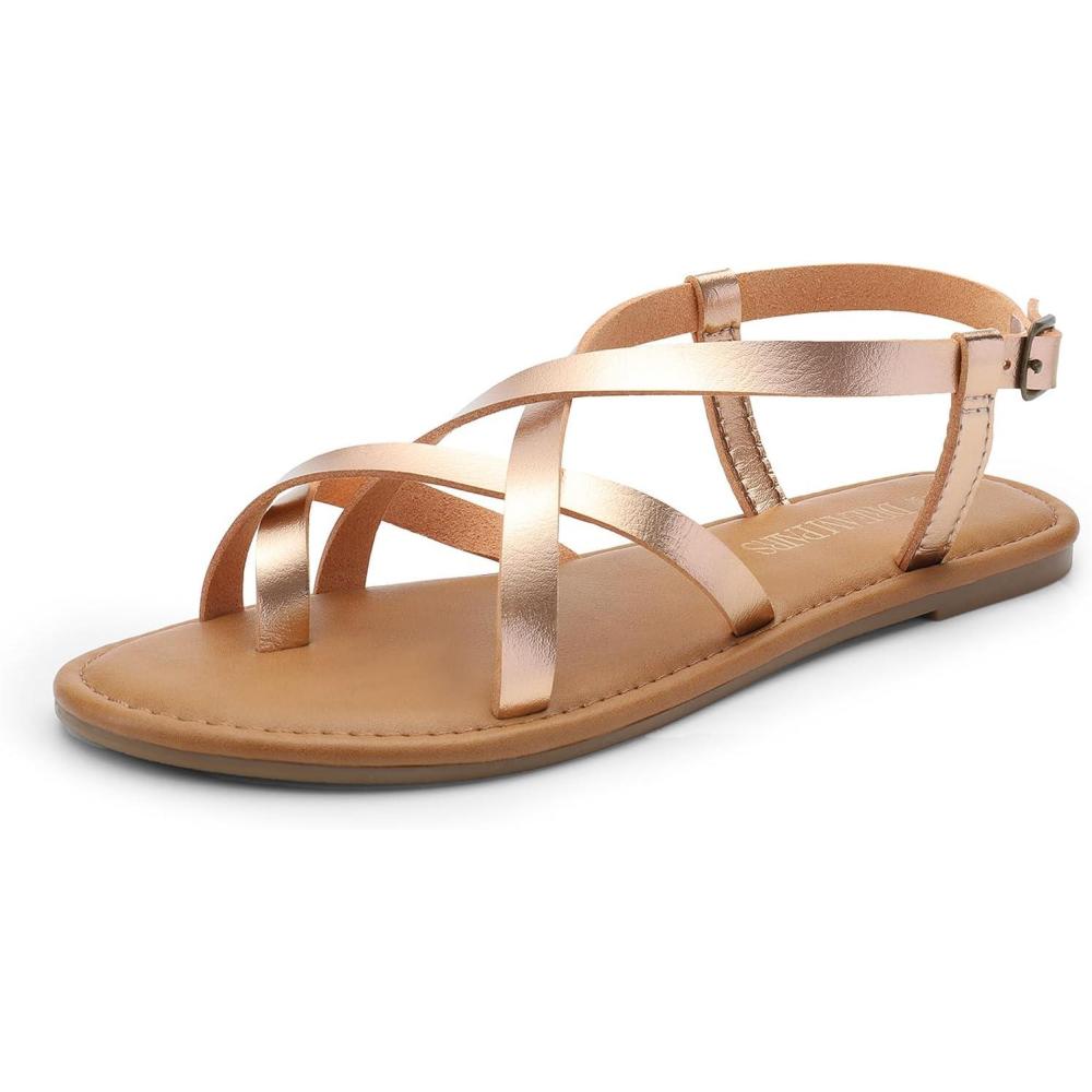 imageDREAM PAIRS Womens Flat Sandals Strappy Dressy Comfortable Ankle Strap Casual Summer Thong Sandals for BeachRose Gold