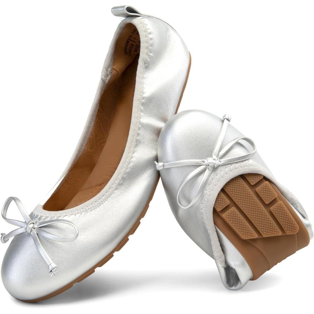 imageDREAM PAIRS Womens Flats Foldable Ballet Flats for Women Bowknot Round Toe Comfort Light Weight SlipOn Dress ShoesSilver