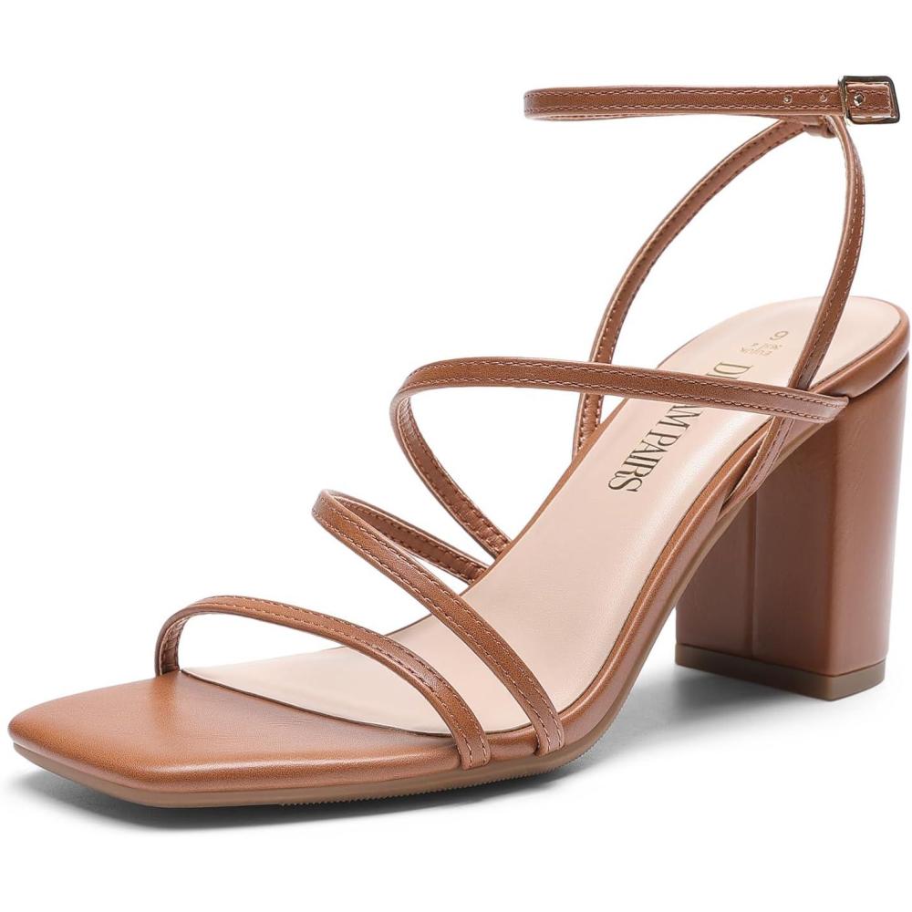 imageDREAM PAIRS Womens Heels Chunky Block Strappy Square Open Toe Ankle Buckle Heeled Sandals Wedding Party Dress Shoes IndieBrown