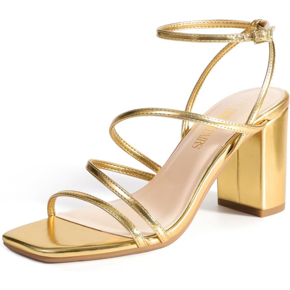 imageDREAM PAIRS Womens Heels Chunky Block Strappy Square Open Toe Ankle Buckle Heeled Sandals Wedding Party Dress Shoes IndieGoldpu