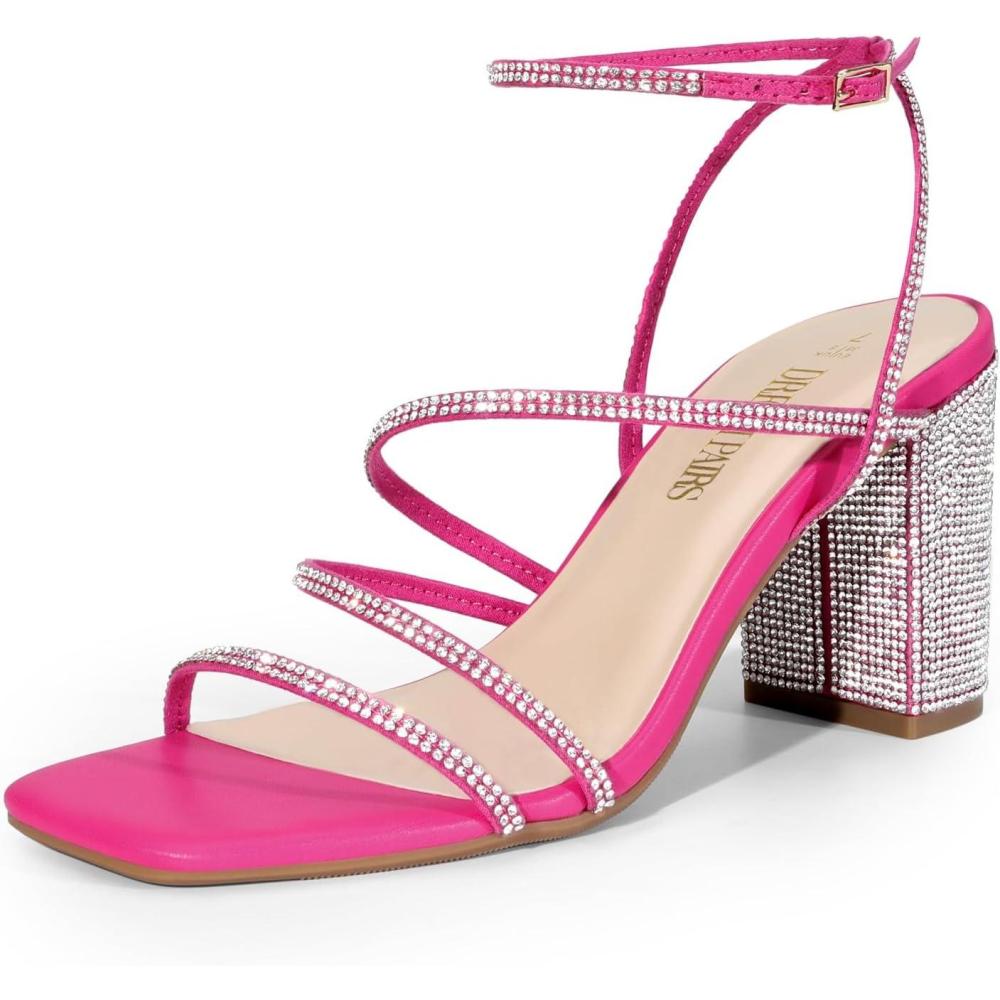 imageDREAM PAIRS Womens Heels Chunky Block Strappy Square Open Toe Ankle Buckle Heeled Sandals Wedding Party Dress Shoes IndieHot Pinkrhinestone