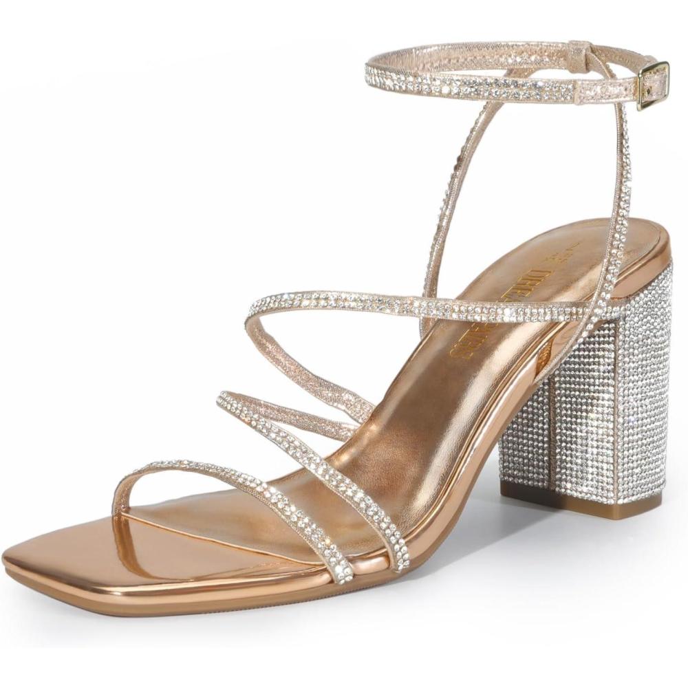 imageDREAM PAIRS Womens Heels Chunky Block Strappy Square Open Toe Ankle Buckle Heeled Sandals Wedding Party Dress Shoes IndieRose Goldrhinestone