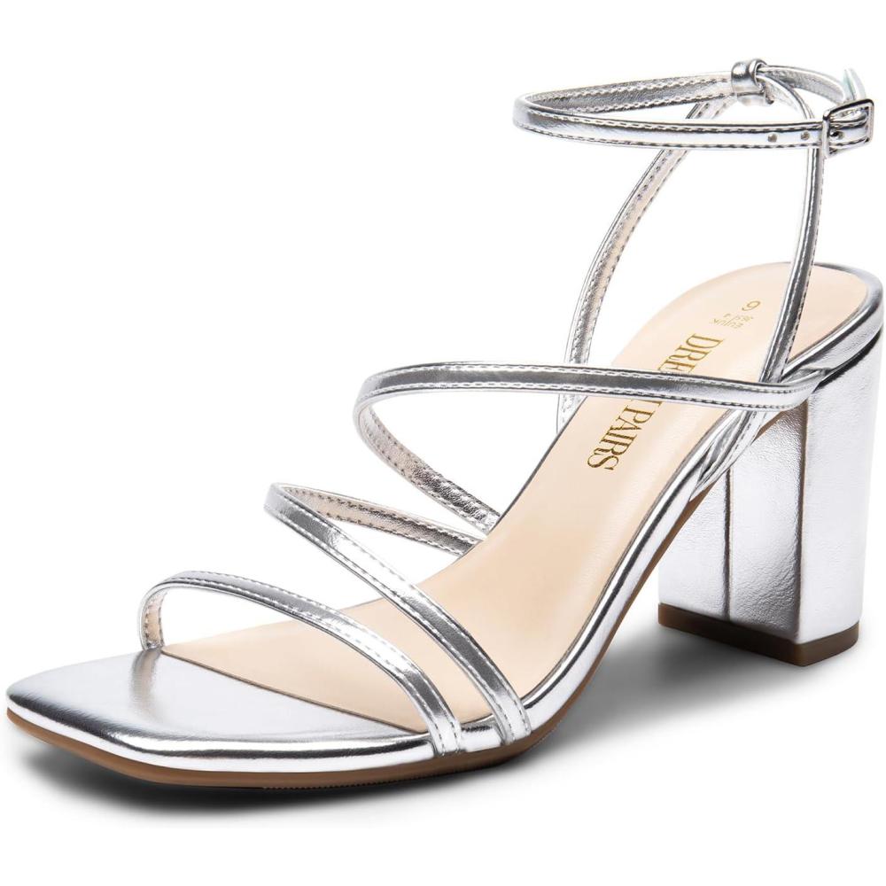 imageDREAM PAIRS Womens Heels Chunky Block Strappy Square Open Toe Ankle Buckle Heeled Sandals Wedding Party Dress Shoes IndieSilverpu