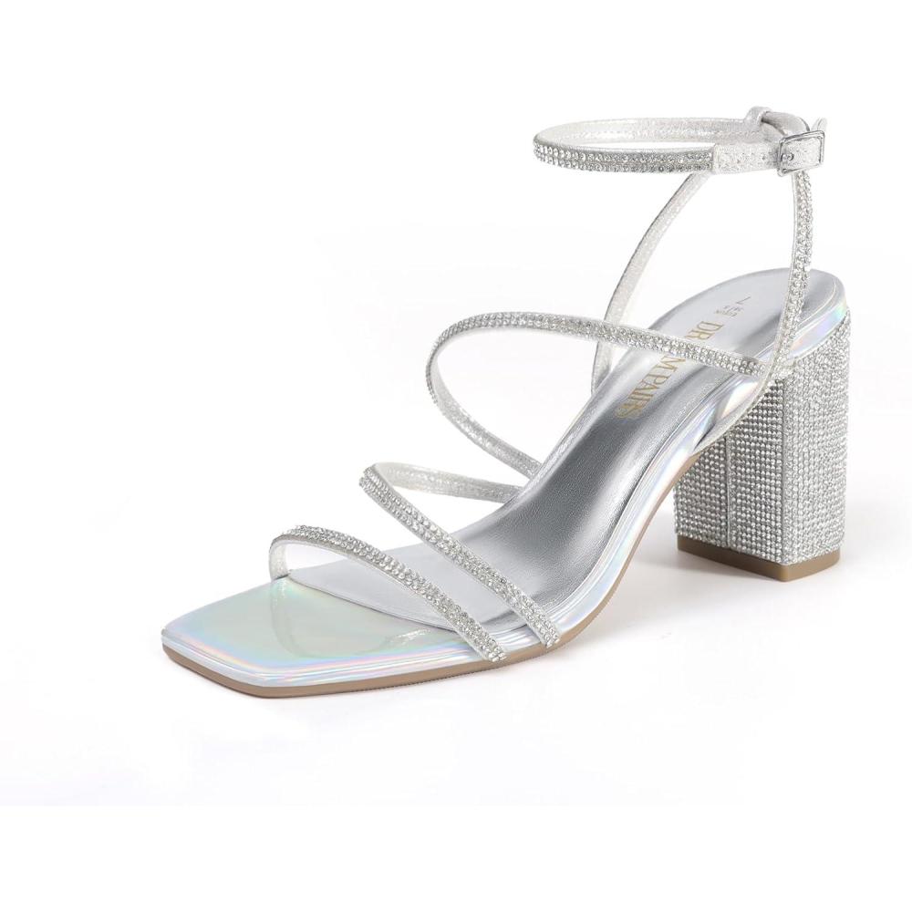 imageDREAM PAIRS Womens Heels Chunky Block Strappy Square Open Toe Ankle Buckle Heeled Sandals Wedding Party Dress Shoes IndieSilverrhinestone