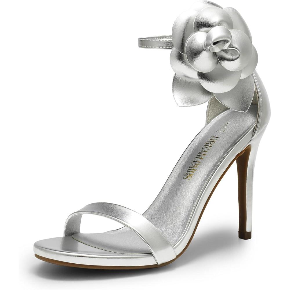 imageDREAM PAIRS Womens High Heels Flower Ankle Strap Stilettos Round Open Toe Dressy Sexy SandalsSilverpu
