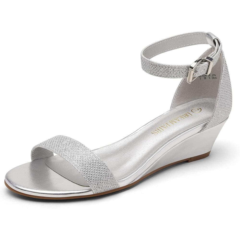 imageDREAM PAIRS Womens Ingrid Ankle Strap Low Wedge SandalSilverPlaid